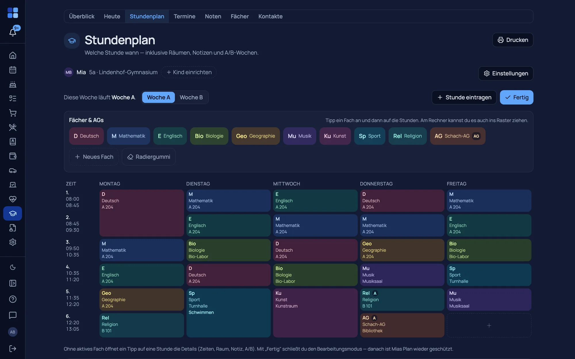 The timetable in edit mode: a palette with every subject, one subject active