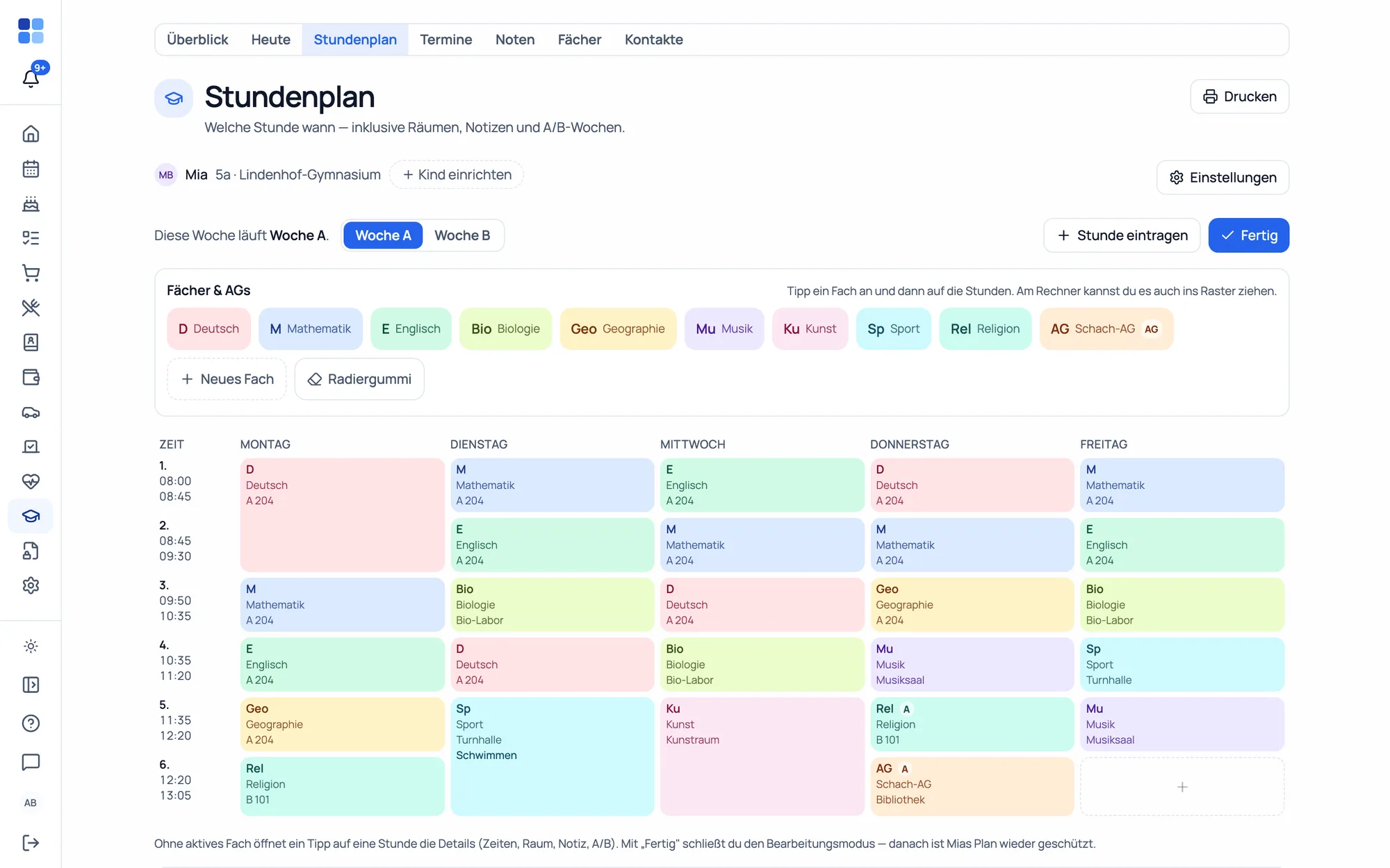The timetable in edit mode: a palette with every subject, one subject active