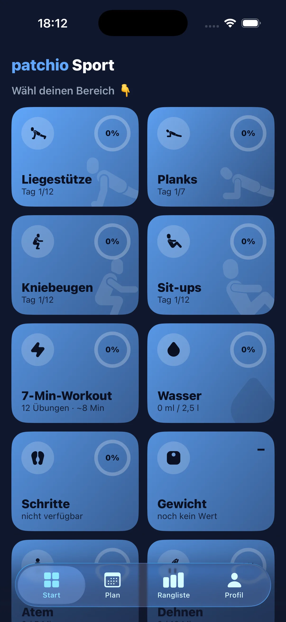 The patchio Sports home screen with tiles for sports and wellbeing modules