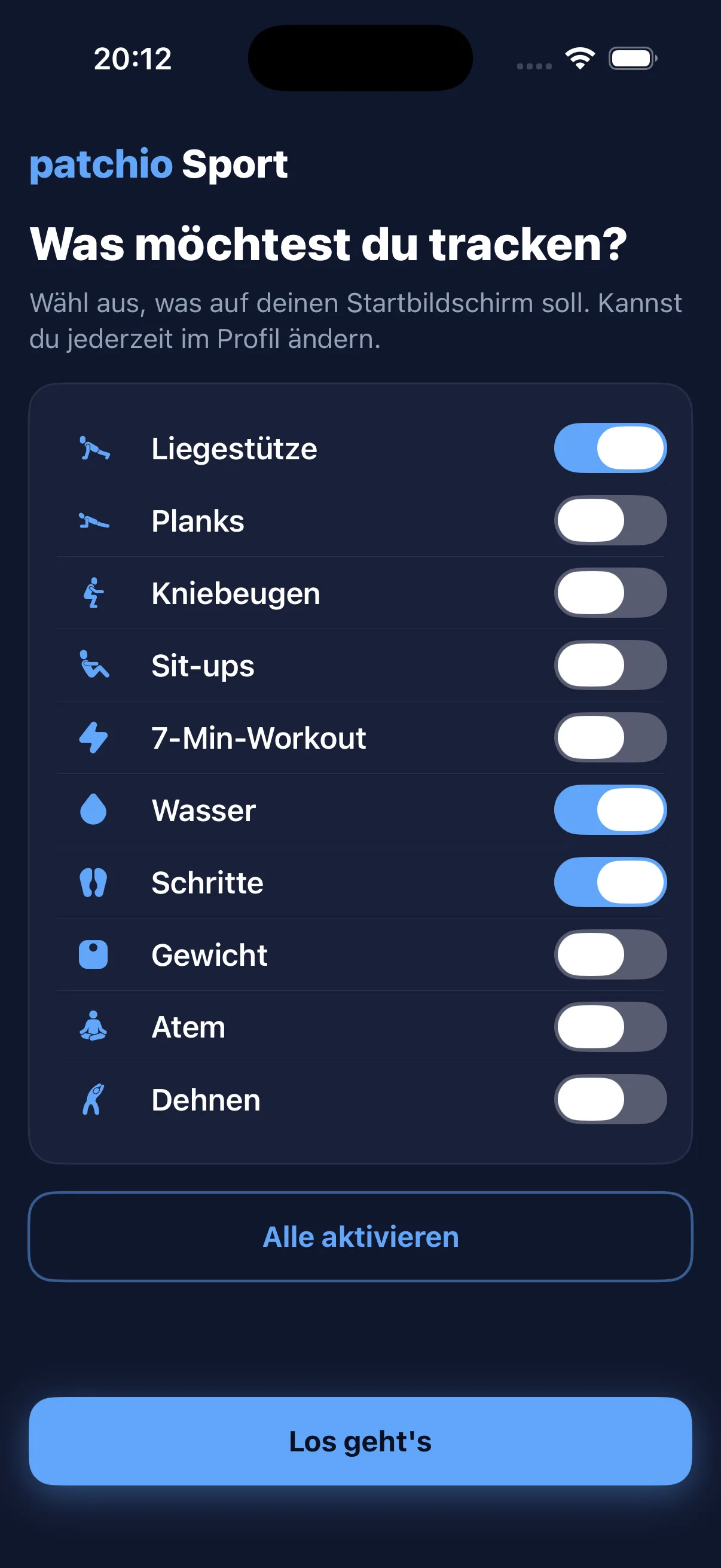 First-launch choice: what do you want to track?