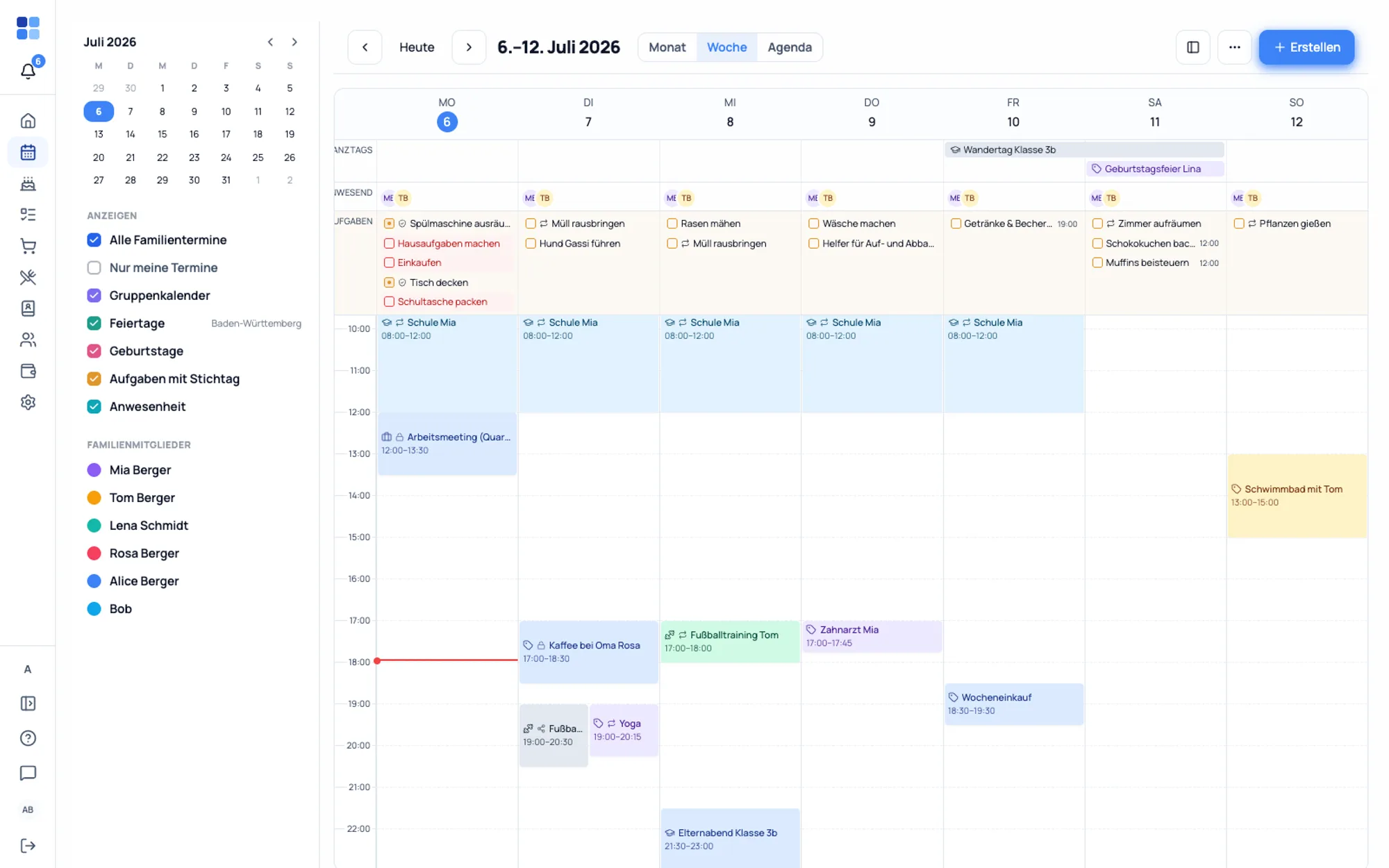 patchio's week calendar with events, tasks and a colour per family member