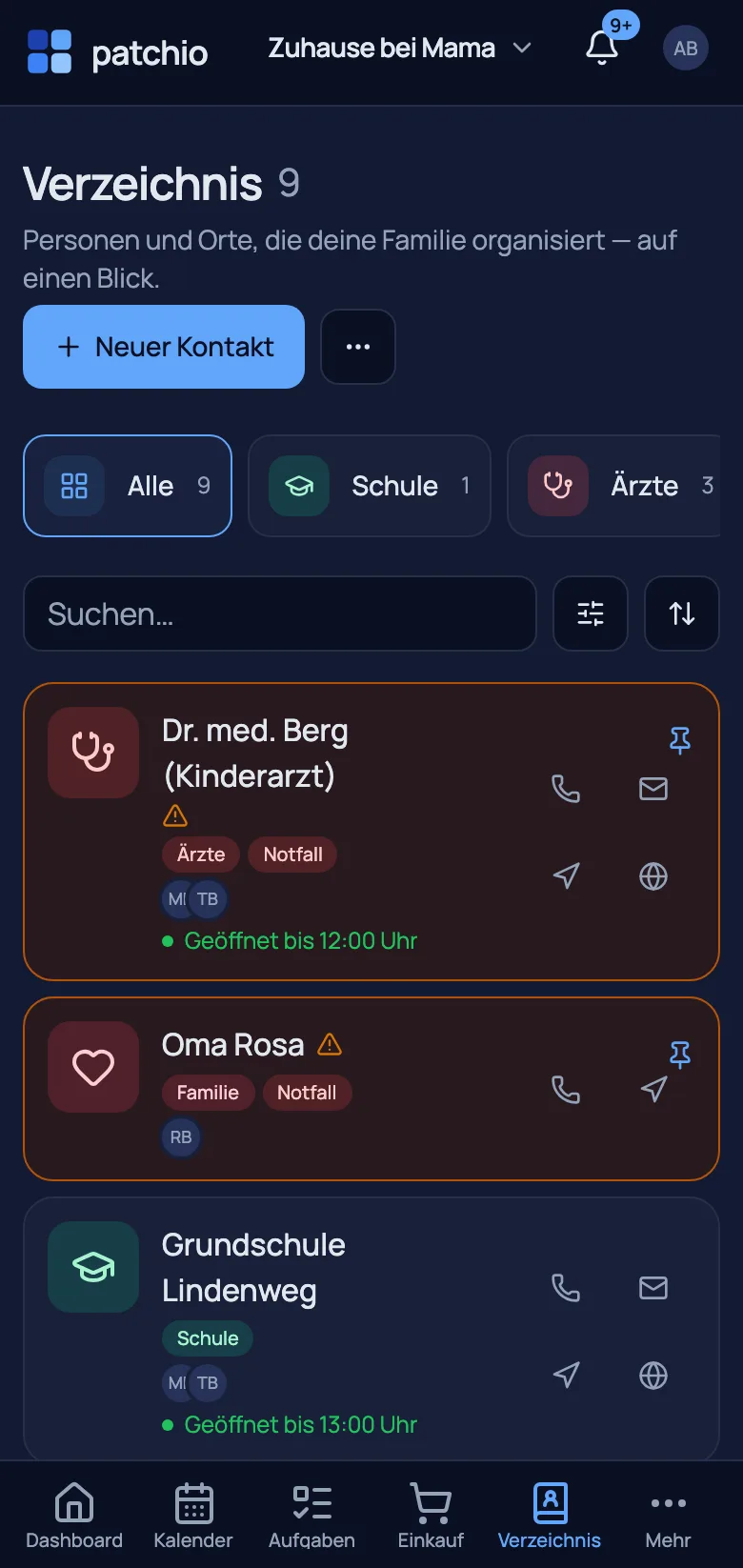 A directory with tags & quick actions, plus an emergency card print view