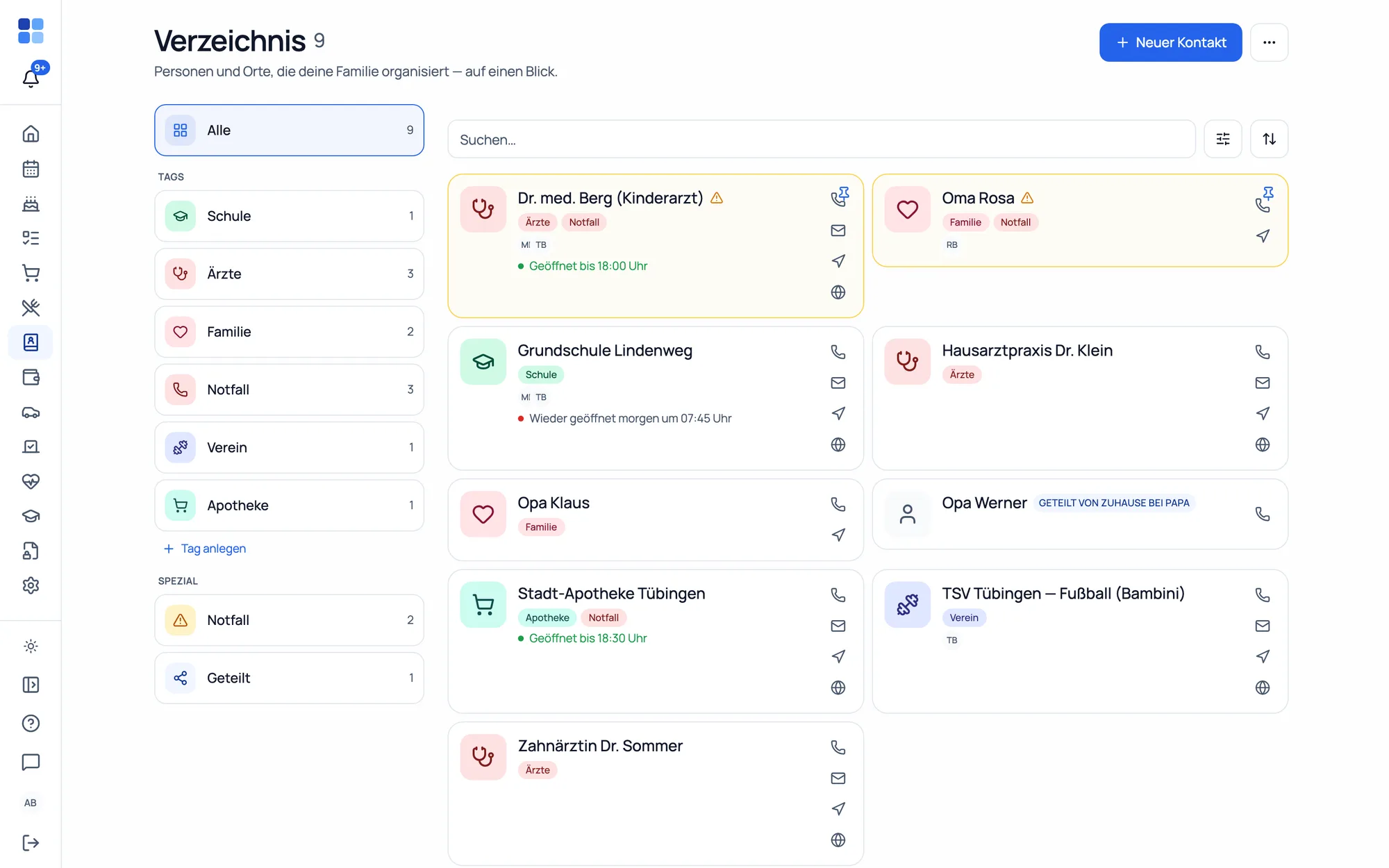 A directory with tags & quick actions, plus an emergency card print view