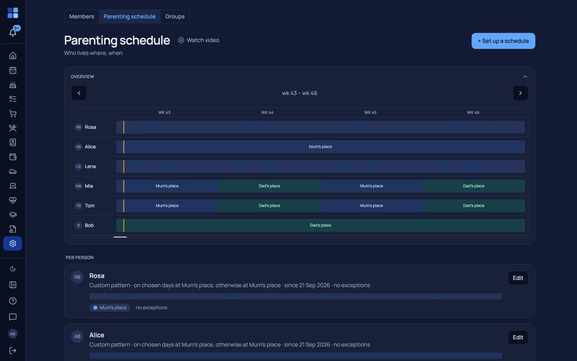A parenting schedule per person + “who's home” on the dashboard