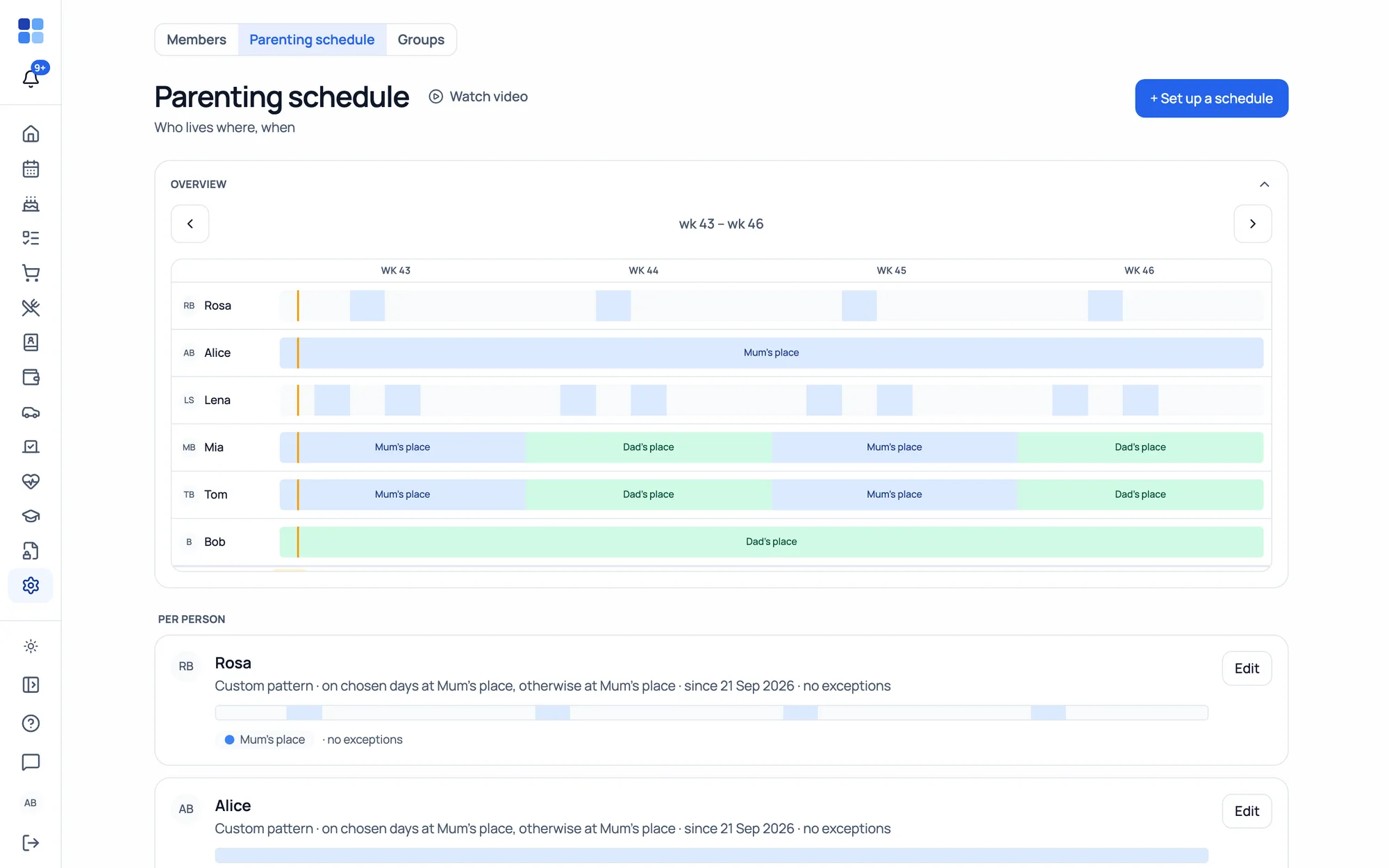 A parenting schedule per person + “who's home” on the dashboard