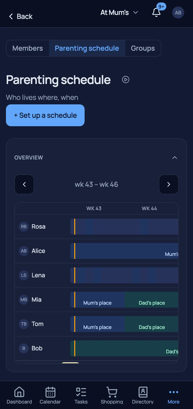 A parenting schedule per person + “who's home” on the dashboard