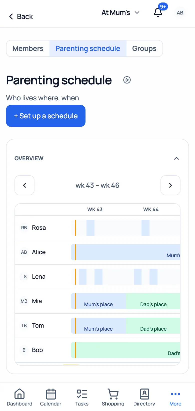 A parenting schedule per person + “who's home” on the dashboard